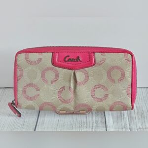 Coach Beige and Pink Signature Zip Wallet